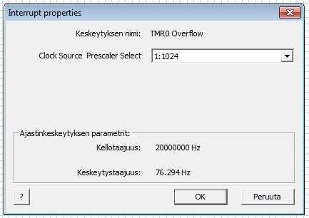 Oskillaattori toimii käytettävässä kokoonpanossa 20 MHz:n taajuudella. Ajan mittausta varten löytyi Matrix Multimedian sivuilta esimerkki, jota apuna käyttämällä saatiin sekunnin mittaava aliohjelma.