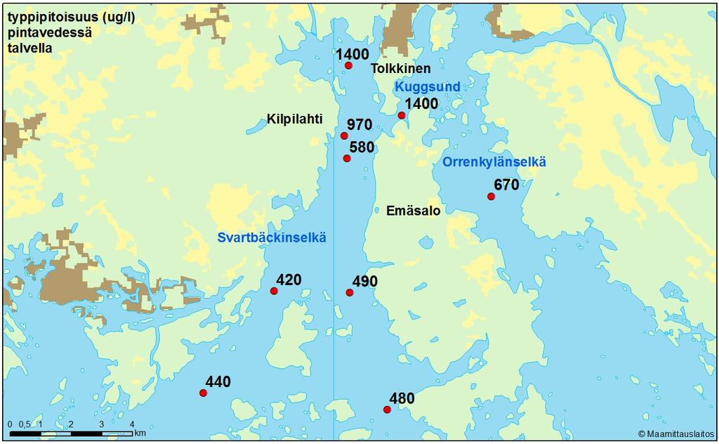 Kuva 13. Pintaveden typpipitoisuus (µg/l) Porvoon edustan merialueella 25. 29.2.216. 5.1.2 Vedenlaatu kesällä Pintaveden happikyllästys vaihteli kesällä 82 128 % välillä (Liite 4).