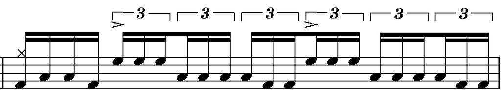 22 Viidennen tahdin ensimmäisellä neljäsosalla on soitettu 1/8-triolin kaksi ensimmäistä iskua, ensimmäisellä kevyt bassorummun isku ja symbaali ja toisella virvelin aksentoitu isku.