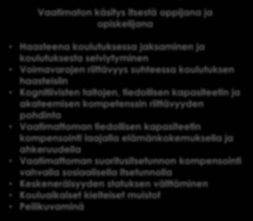 koulutusratkaisuissa Onnistuminen opiskelutilanteissa Pärjääminen elämässä ilman laajaa kouluttautumista Koulutuksen funktiona omien resurssien mittaaminen Vaatimaton käsitys itsestä oppijana ja