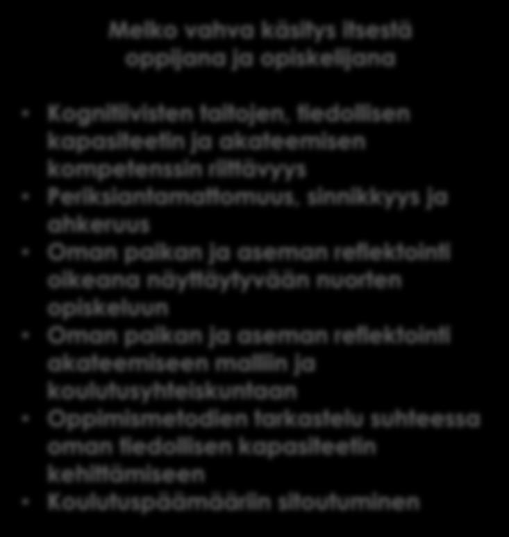 opiskelusuoritukset Tutkinnon saavuttaminen Osallisuus heterogeenisen opiskeluyhteisön kokemusverkostossa Kokemuksellisen tiedon merkitys koulutuksessa menestymisessä Melko vahva käsitys itsestä