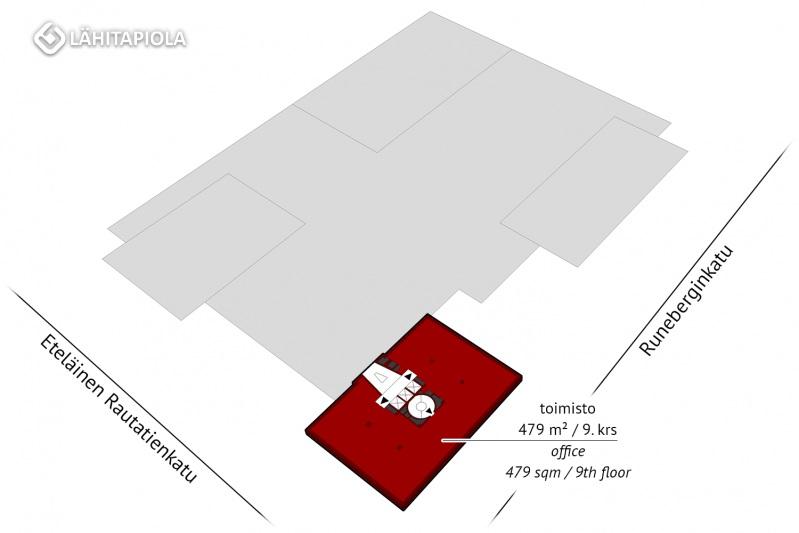 Vuokrataan: Toimisto 479 m² / 9. krs. B-porras.