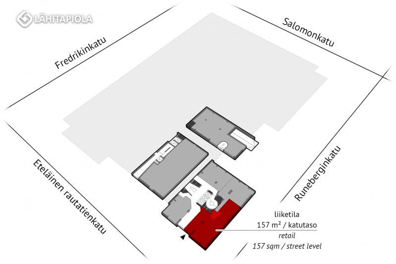 Vuokrataan: Liiketila 157 m² / katutaso Näkyvällä paikalla kiinteistön kulmassa sijaitseva siisti liiketila, jossa on toiminut mm. kirjakauppa.