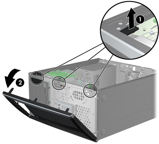 Etupaneelin irrottaminen 1. Poista kaikki turvalaitteet, jotka estävät tietokoneen avaamisen. 2. Poista tietokoneesta kaikki irrotettavat tietovälineet, kuten CD-levyt ja USB-muistitikut. 3.