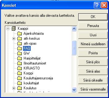 VIESTIT KANSIOIHIN 1. Luo ensin kansiot. napsauta Kaappia hiiren kakkospainikkeella ja luo Uusi kansio 2. Valitse postilaatikostasi viestit jos useita: CTRL pohjassa 3. Vedä kansion nimen päälle. 4.