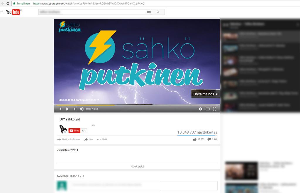 Sähkö-Putkisen kuvitteellinen In-stream -mainos YouTubessa.