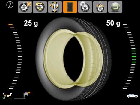 Rotate the wheel, and as the inner wheel weight location indicator lights up, take the measuring arm, and when the location indicator turns green, attach the wheel weight.