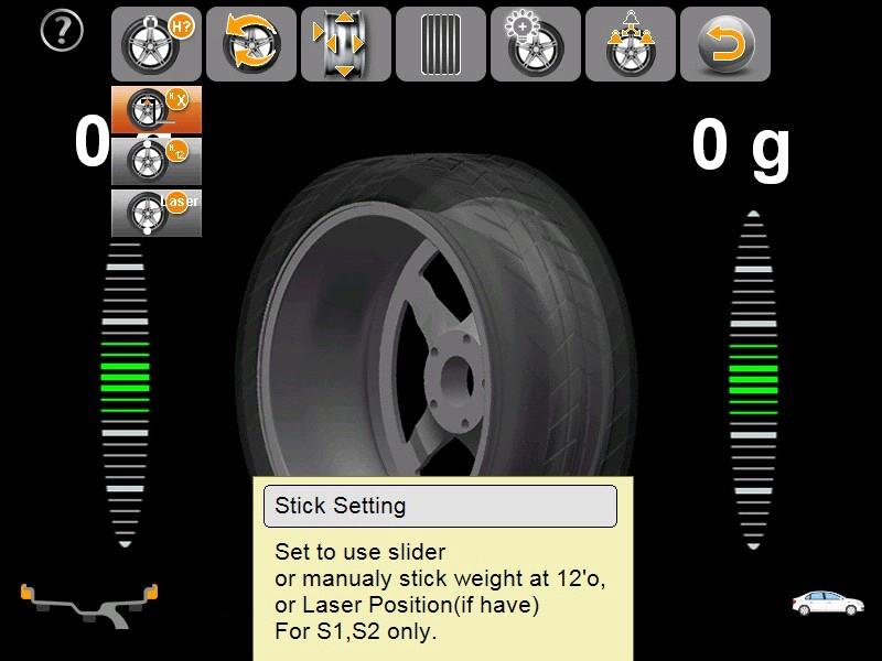 After the wheel weight location indicator turns green, if the laser function is selected, a red laser will indicate the location where the wheel weight must be installed.