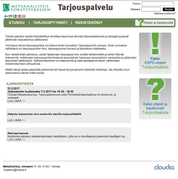 Tarjouspalvelun etusivunäkymä Tarjouspalvelu.