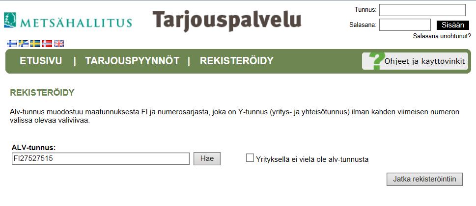 Aloita rekisteröitymällä palveluun Syötä yrityksesi alv tunnus kenttään ja paina Hae -painiketta.