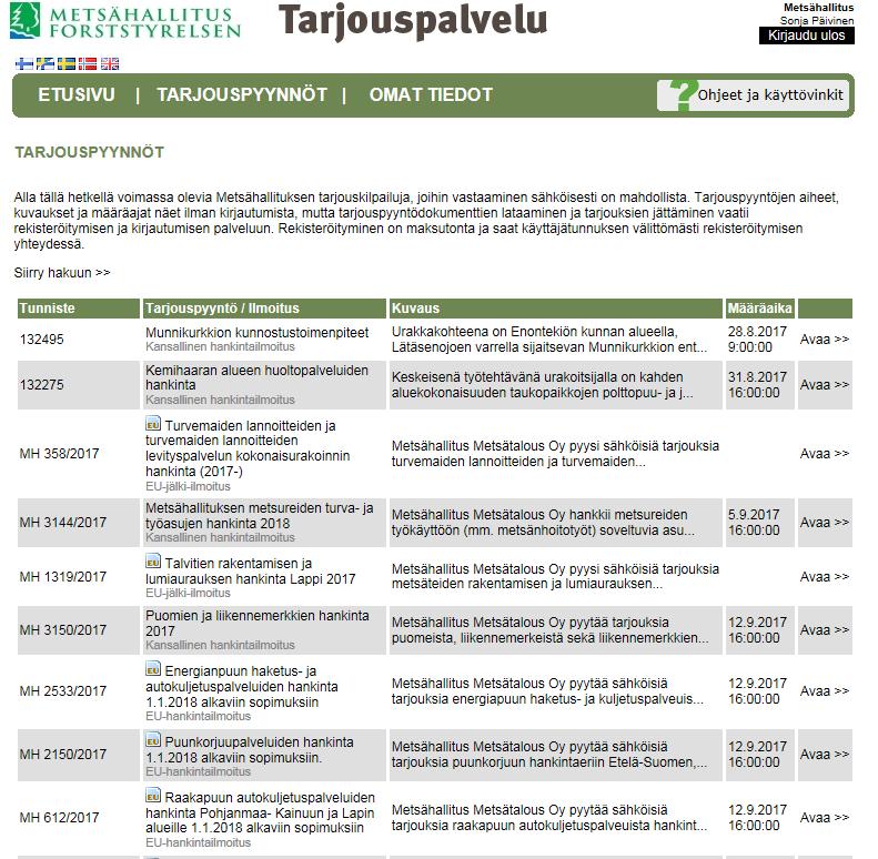 Tarjouspyyntöihin tutustuminen Tarjouspyyntö välilehdellä näkyvät kaikki voimassa olevat Metsähallituksen