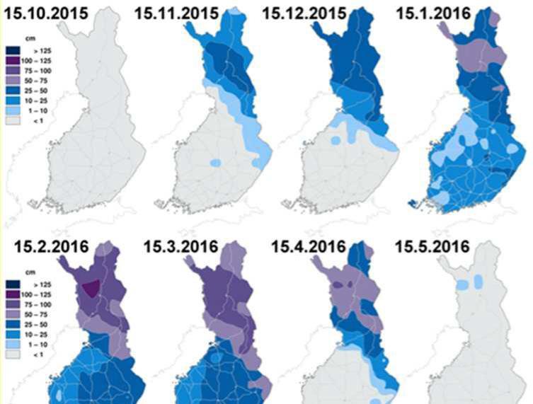 Savo-Karjalan Ympäristötutkimus Oy 8 Kuva 3. Lumen esiintyminen lokakuusta 2015- toukokuuhun 2016. Kesäkuun ensimmäisinä päivinä lämpötila hipoi hellelukemia.