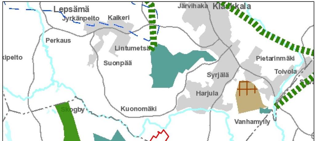 Kuva 6-4. Ote 4. vaihemaakuntakaavaehdotuksesta, johon hankealueen rajaus on lisätty punaisella viivalla. Uudenmaan kokonaismaakuntakaavan laadinta on käynnistynyt vuoden 2016 aikana.