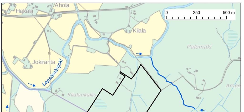 Kuva 6-10. Alueen pintavesien virtaussuunnat ja hankealueen koillispuolella sijaitseva noro.