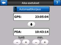 Laita Automaattikorjauksen kytkin päälle, jotta igo voi tarkistaa ja korjata sisäisen kellon ajan GPS-ajan mukaan. Painikkeen alla näet GPS:än ja laitteen kellojen tämänhetkiset arvot.