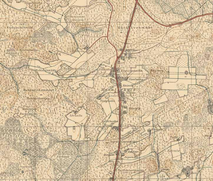 ") Ljungmo, Maantiekylän torppa ^_ ^_ Högsbergsbacka ") ") ^_ Maantiekylän Jussila ") Maantiekylä vuonna 1936 laaditussa topografikartassa 204305_1936.