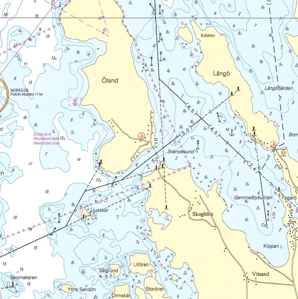 8. Olet ankkurissa Skomakaren itäpuolella (63 51,3 N 025 41,2 E). Suunnittelet meneväsi seuraavaksi yöksi Bomarsundin satamaan (63 53,25 N 025 48,9 E).