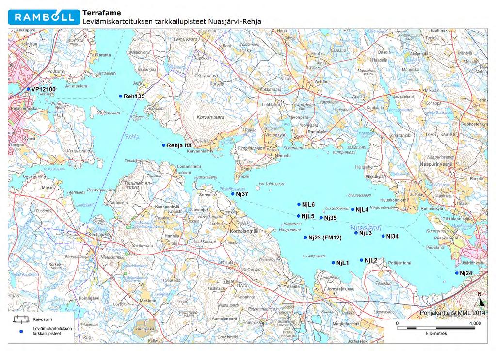 Kaivoksen pintavesien tarkkailu vuonna 216 Q3 6 Kuva 3-1. Leviämiskartoituksen mittauspisteet Nuasjärvi-Rehjan alueella. Oulujärven pisteet on esitetty kartalla liitteessä 1. 4.