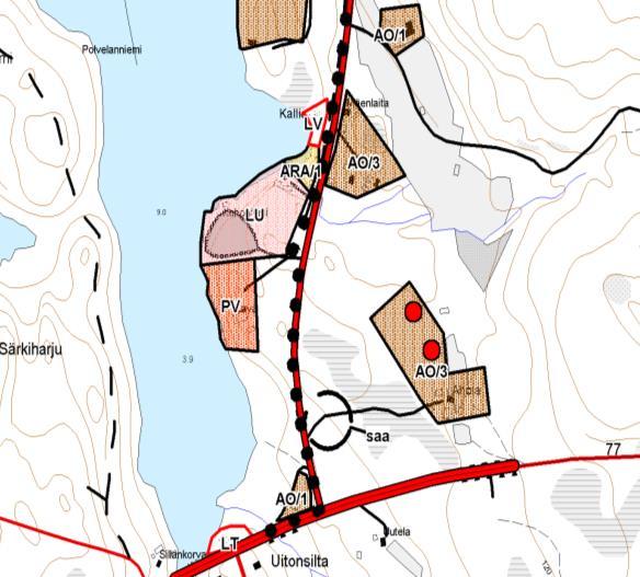 FCG Suunnittelu ja tekniikka Oy Osallistumis- ja arviointisuunnitelma 4 ( 8 ) Kuva 3. Voimassa olevassa osayleiskaavassa suunnittelualue (sininen katkoviiva) on viihde- ja huvipalvelujen PV -alue.