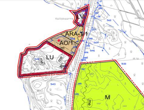 Voimassa olevassa yleiskaavan muutoksessa suunnittelualue (vihreä katkoviiva) on erillispientalojen AO- ja rantarakennus ARA alue sekä LU-uiton toimipaikka. Kuva 4.
