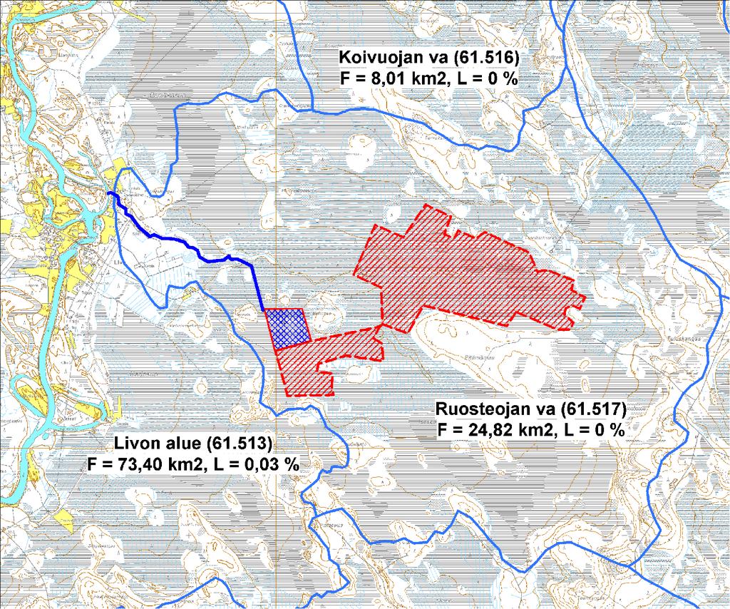 FCG Planeko Oy YMPÄRISTÖVAIKUTUSTEN ARVIOINTIOHJELMA 19 (34) Ruosteojan valuma alueen pinta ala on 24,94 km² ja järvisyys 0 %. Ruostesuon pintavedet laskevat Ruosteojan ja Livojoen kautta Iijokeen.