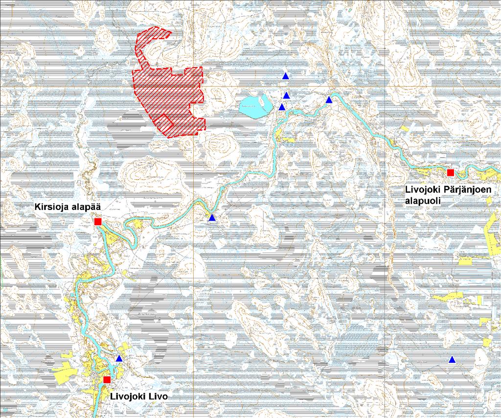 FCG Planeko Oy YMPÄRISTÖVAIKUTUSTEN ARVIOINTIOHJELMA 21 (31) Kuva 5.6 Näytteenottopaikat Livojoella ja Kirsiojalla.