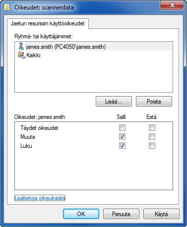 Peruskäyttö 6 Valitse syötetty käyttäjä, Muuta ja Luku-oikeudet ja napsauta OK. Siirry Windows XP -käyttöjärjestelmässä vaiheeseen 8.