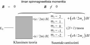 Zeeman efekti d-orbitaaleille (ilman spiniä!!) Klassisen teorian mukaan spektriviiva tulisi levenemään hieman enemmän kuin äärimmäisten magneettisten alitilojen energia ero.