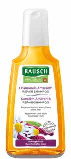 RAUSCH Kamomilla-Amaranth shampoo vahvistaa ja pehmentää vaurioituneen hiuksen rakennetta sekä antaa hiuksille elastisuutta ja kiiltoa.