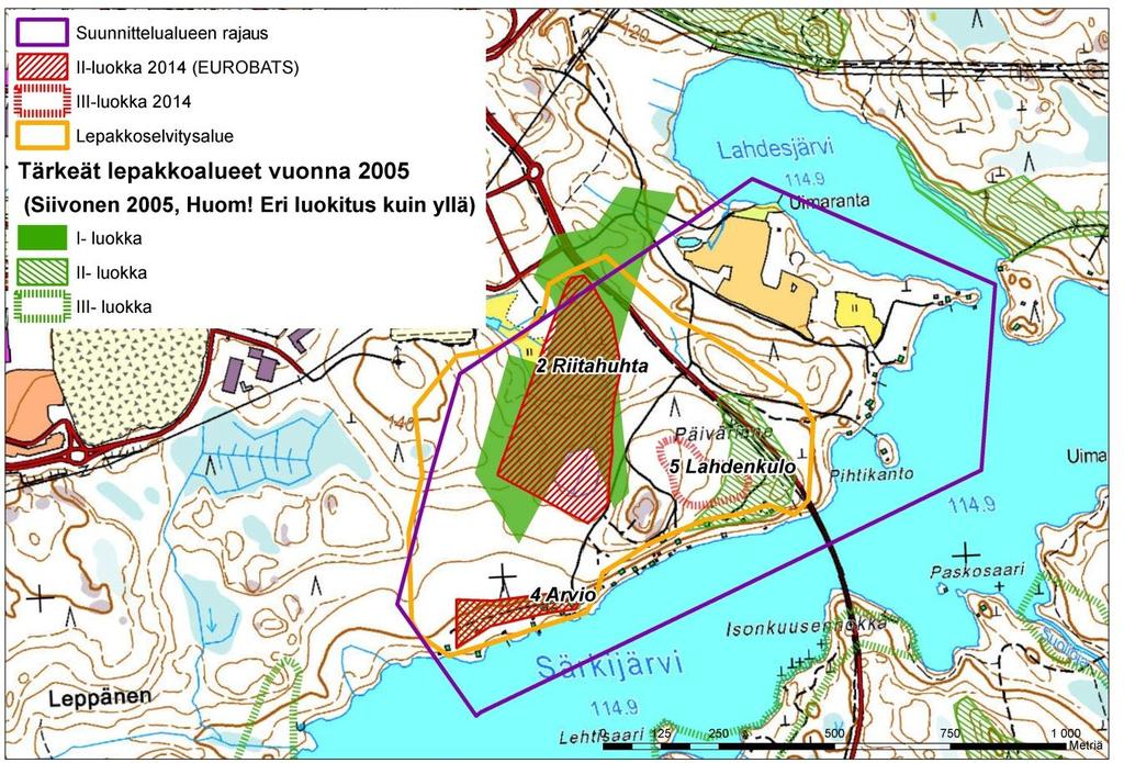 Vuoreksen västinginmäen yleissuunnitelma nro 1039 9 / 12 Kuva 6 Alueella havaitut lepakoille