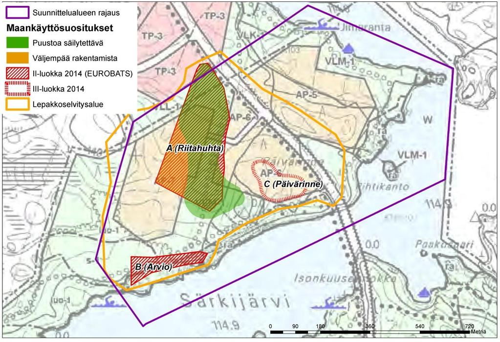 Vuoreksen västinginmäen yleissuunnitelma nro 1039 11 / 12 5.2 Suositukset maankäytön suunnitteluun Selvitysalueella esiintyvät siippalajit vaativat yhtenäisiä metsäalueita.