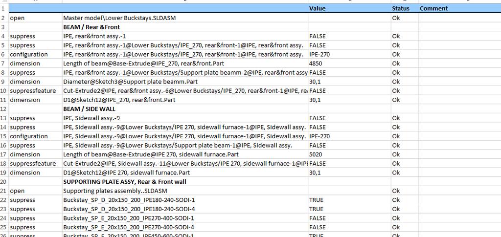 39 Excel-tiedostoon luodaan myös SolidWorks-välilehti. Tähän välilehteen luetellaan kaikki 3D-mallin osat, sketchit, liitännät ja mitat, joita mallista halutaan muuttaa.