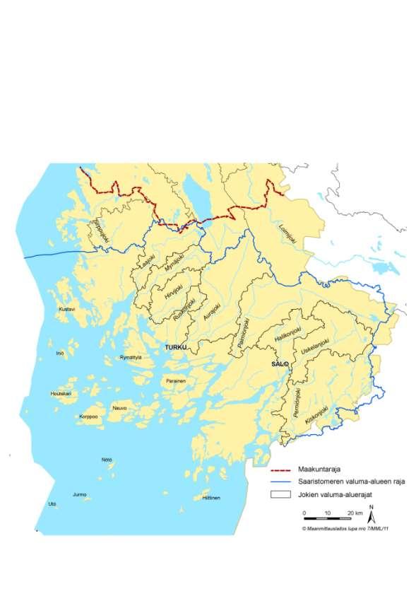 Varsinais-Suomen päävesistöalueet Kiskonjoki Perniönjoki 147 km 2 Uskelanjoki 566 km 2 Halikonjoki 37 km 2 Paimionjoki188 km 2 Aurajoki 874 km 2