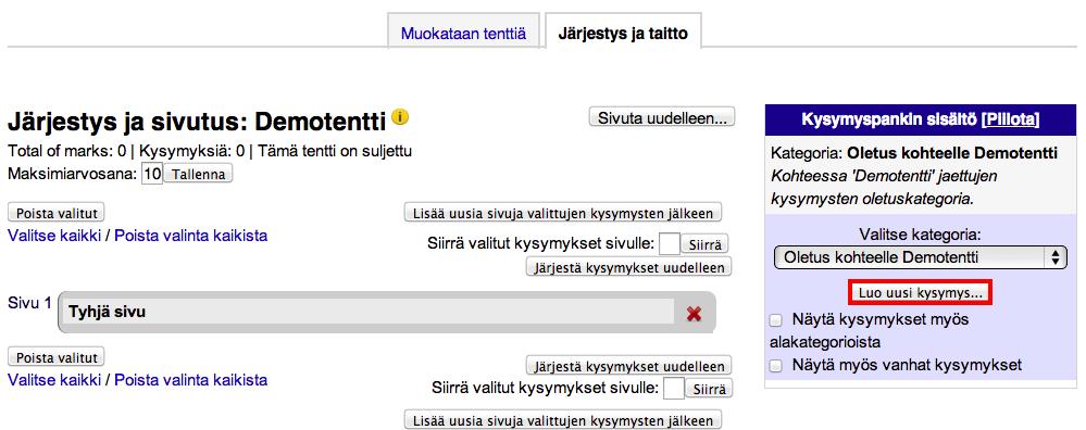 Kysymysten lisääminen tenttiin Kysymyspankin kysymykset lisätään tenttiin vasta sitten, kun tentti-aktiviteetti on tallennettu ja perusasetukset on säädetty (kuten yllä).