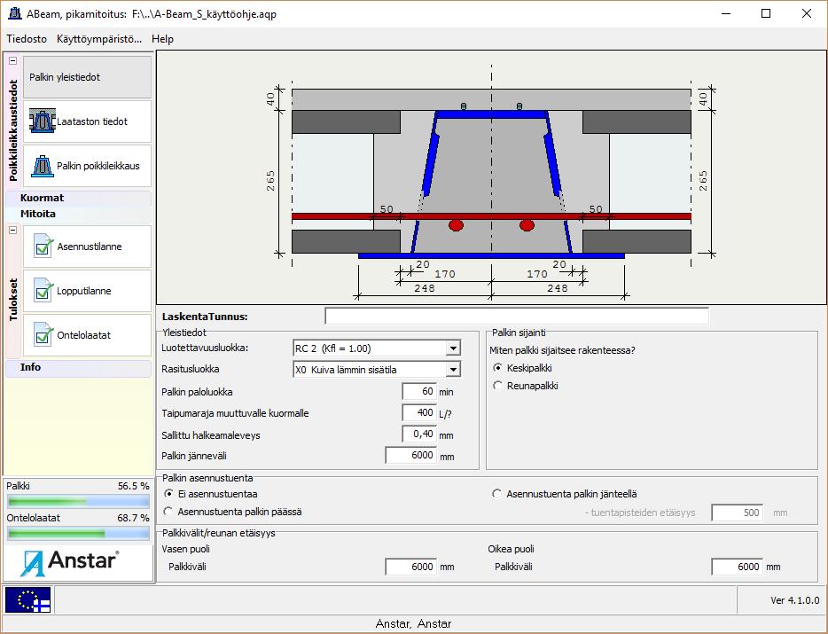 17 5.2 Liittopalkin mitoitusohjelma ABeam Anstarin kotisivulta www.anstar.fi/ohjelmat voi ladata mitoitusohjelman ABeam alustavaa suunnittelua varten.