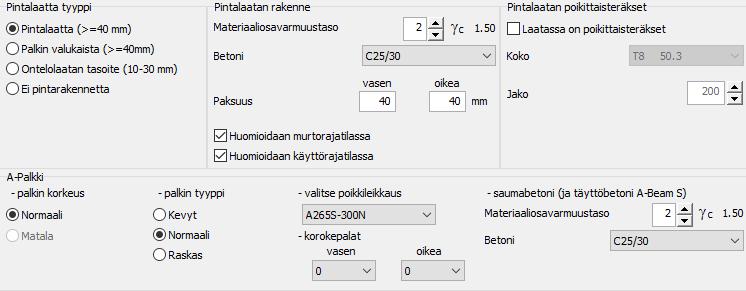 19 Poikittaisteräkset Palkin korkeus Palkin tyyppi Valitse poikkileikkaus Korokepalat Saumabetoni laskennassa liittorakenteena. Valitaan pintalaatan raudoitus.