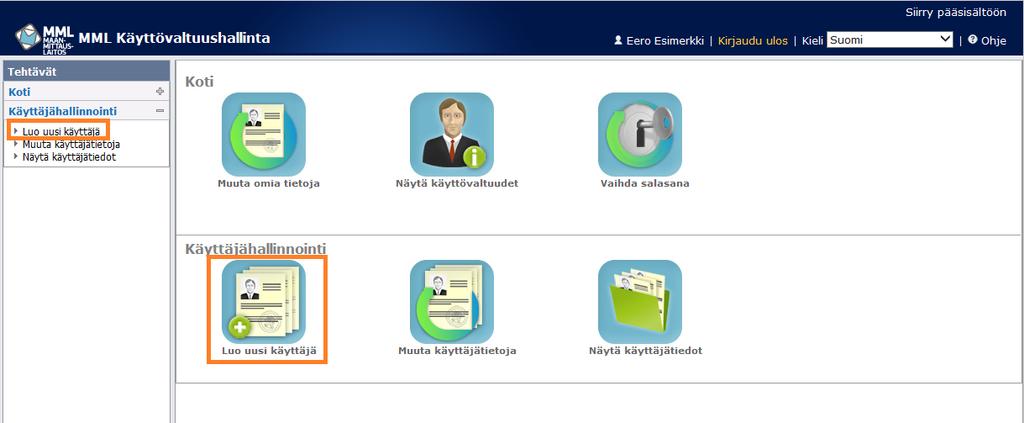 KÄYTTÖVALTUUSHALLINTA (KVH) 8 (16) Luo uusi käyttäjä Luo uusi käyttäjä-kohdasta pääset hakemaan Kiinteistötietopalvelun