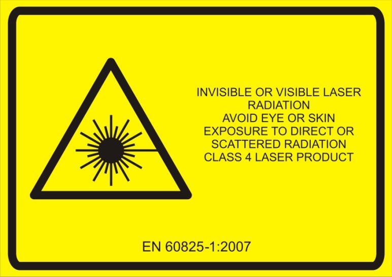 17 4.4 Lasersäteestä varoittaminen Tilat ja laitteet, joiden alueella voi altistua luokan 3B tai 4 lasersäteilylle, tulee merkitä IEC 60825-1 standardin mukaisilla varoituskylteillä.