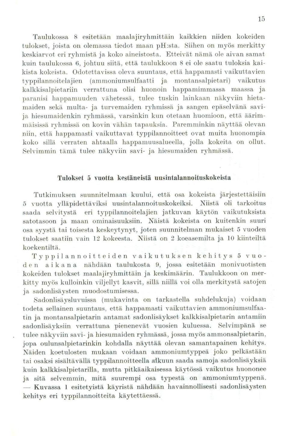 Taulukossa 8 esitetään maalajiryhmittäin kaikkien niiden kokeiden tulokset, joista on olemassa tiedot maan ph:sta. Siihen on myös merkitty keskiarvot eri ryhmistä ja koko aineistosta.