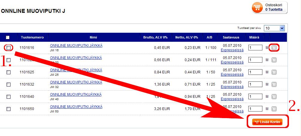 3.2 Tuotteen siirtäminen ostoskoriin Tuote voidaan siirtää ostoskoriin kahdella eri tavalla: 1) Kunkin tuoterivin perässä oikealla on harmaalla pohjalla oleva ostoskorin kuva, josta kyseisen rivin