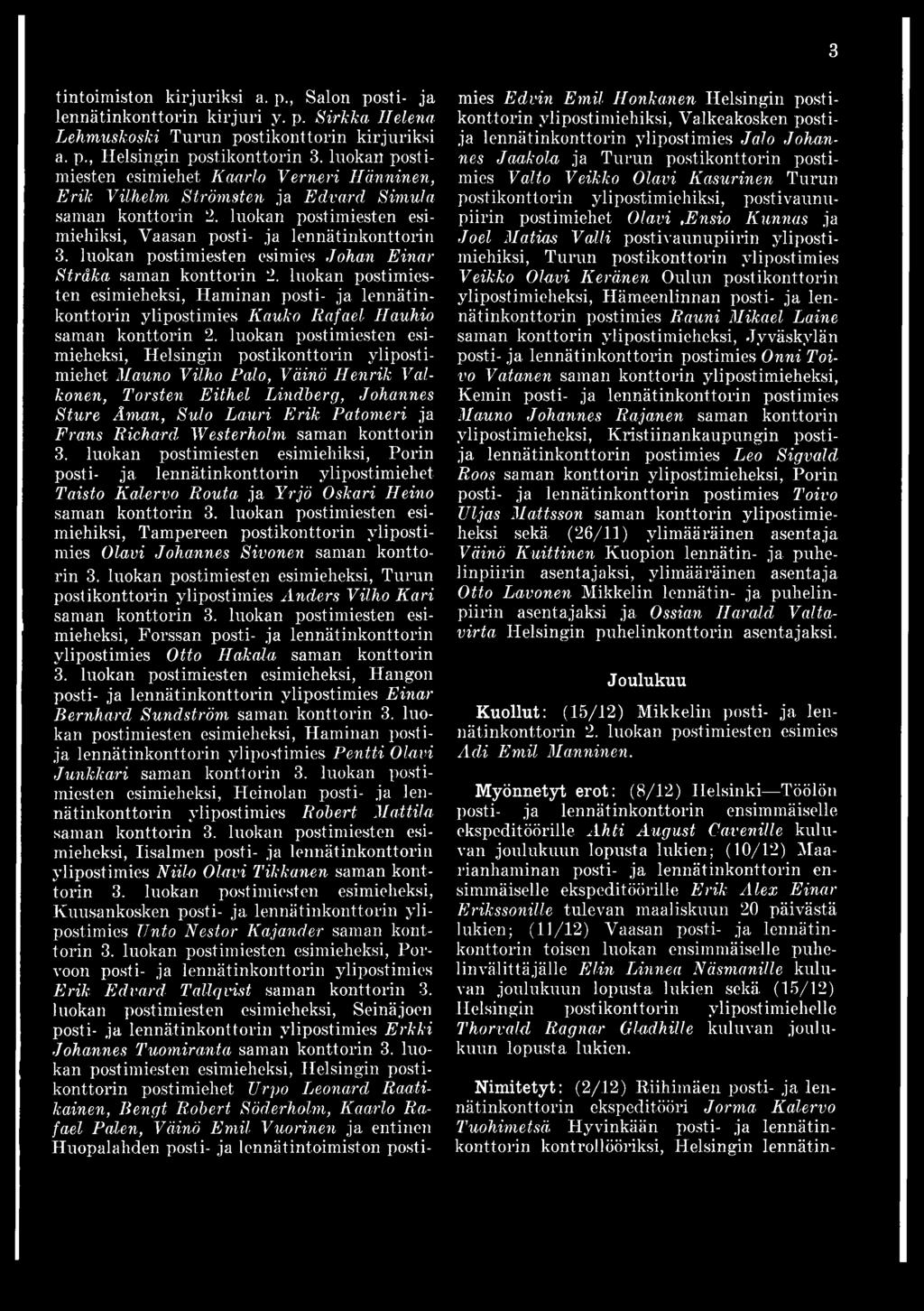 luokan postimiesten esimies Johan Einar Sträka saman konttorin 2. luokan postimiesten esimieheksi, Haminan posti- ja lennätinkonttorin ylipostimies Kauko Rafael Hauhio saman konttorin 2.