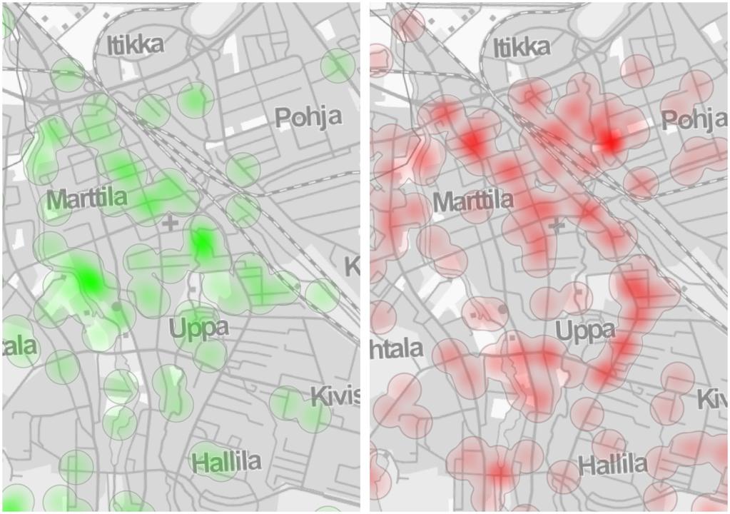 8 Vuoden 2016 asuinaluekyselyn tuloksia kartalla kuvattuna heatmap-tekniikalla.