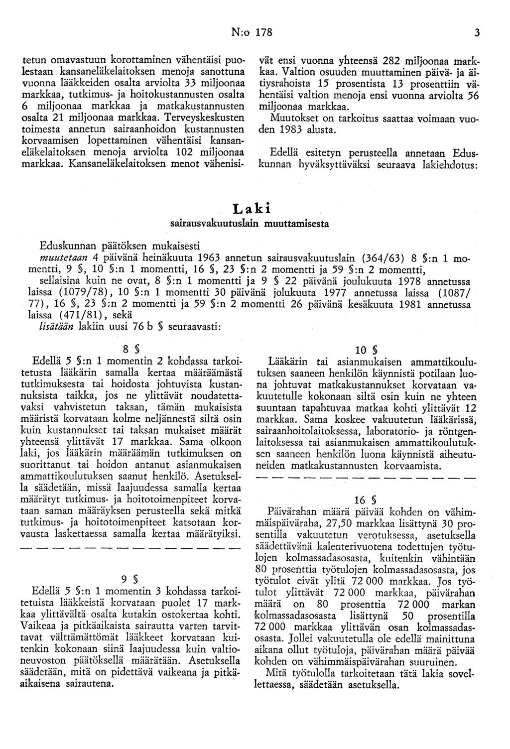 N:o 178 3 tetun omavastuun korottaminen vähentäisi puolestaan kansaneläkelaitoksen menoja sanottuna vuonna lääkkeiden osalta arviolta 33 miljoonaa markkaa, tutkimus- ja hoitokustannusten osalta 6