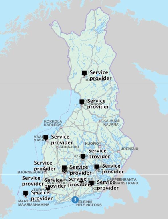Palvelujen sijainti Saatavilla vain kaupunkiseuduilla PKS:lla useita palveluntarjoajia Muissa suurimmissa