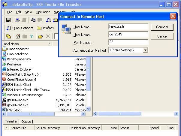 yhteyden (remote computer, Kielo) Unix-koneella oleville hakemistoille ja tiedostoille asetetut oikeudet Kuva 3 SSH Tectia Client tiedostojensiirto, yhtys Windows-koneen ja Unix-koneen välillä Meitä