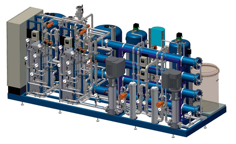 Kokonainen, runkoon liitetty vedenkäsittelylaitteisto suolavapaan veden valmistamiseen. Laitteistoon kuuluu aktivihiilisuodatus, pehmennys, käänteisosmoosi ja EDI.