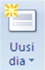 Napsauta Aloitus-välilehden Diat-ryhmän kaksiosaista Uusi dia -painiketta. Alaosan diarakennevalikoimasta valitset dian rakenteen.