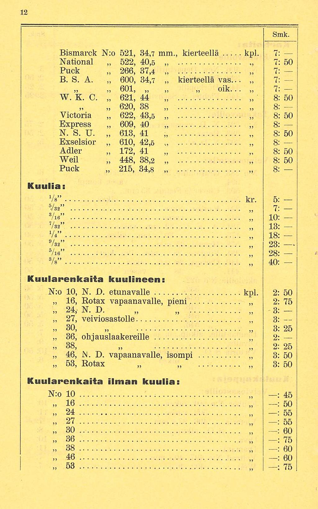 : Smk. Bismarck N:o 521, 84,7 mm., kierteellä kpl. 7: National 522, 40,5 7: 50 Puck 266, 37,4 7: B. S. A. 600, 34,7 kierteellä vas... 7: W. K. C. 601, 621, 620, Victoria 622, Express 609, N. S. U.