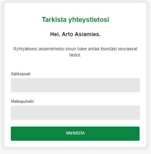 Hyväksy-valinnan jälkeen näytölle ilmestyy kirjautuneen henkilön nimitiedot.