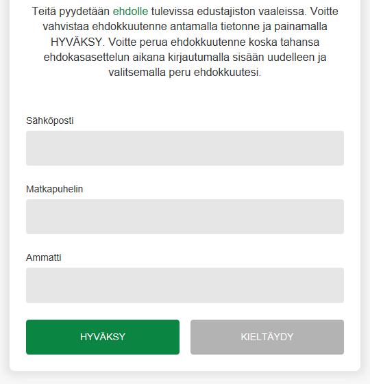 seuraavaa numeroa yhteen kirjoitettuna) 1146 Perustietojen lisäämisen jälkeen lähettää järjestelmä henkilölle sähköpostilla kutsun, jossa häntä pyydetään nimettyyn rooliin (ehdokas, vara-asiamies,